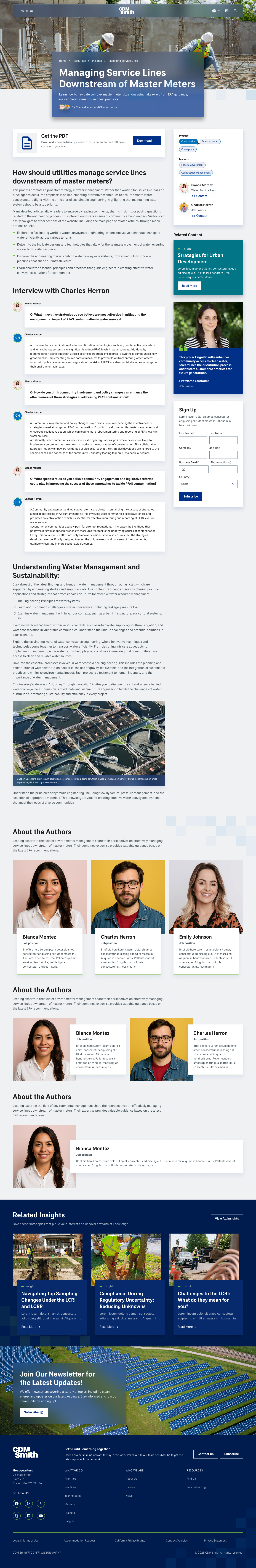 CDM Smith Insights Detail page with article content, author attribution, and related reading